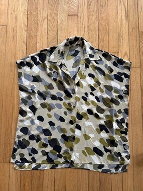 Camo Abstract Button Front Blouse - Green, Olive, Black, Gray, White